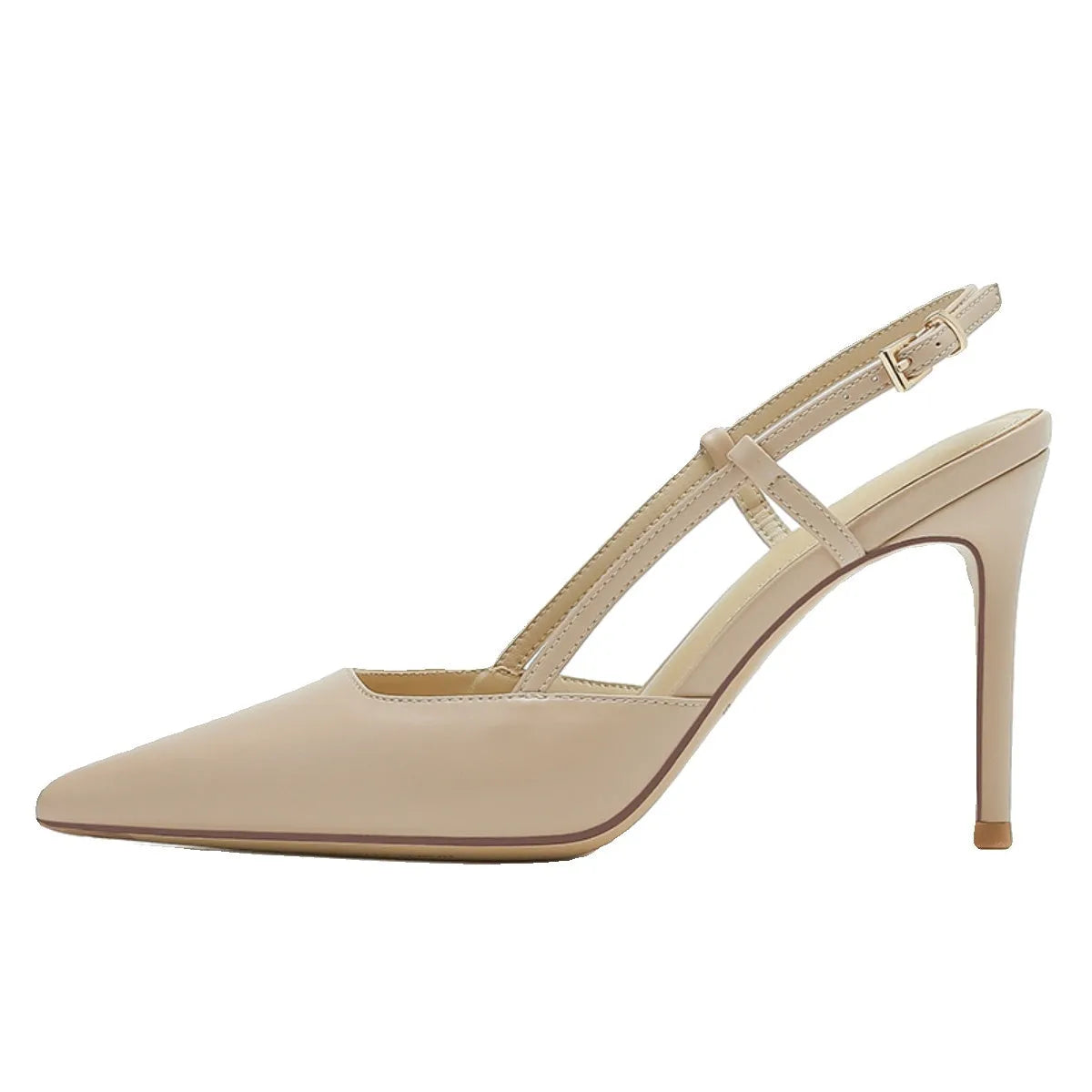 Apricot women's high-heeled sandals with a buckle toe strap and thin belts on a rubber sole.