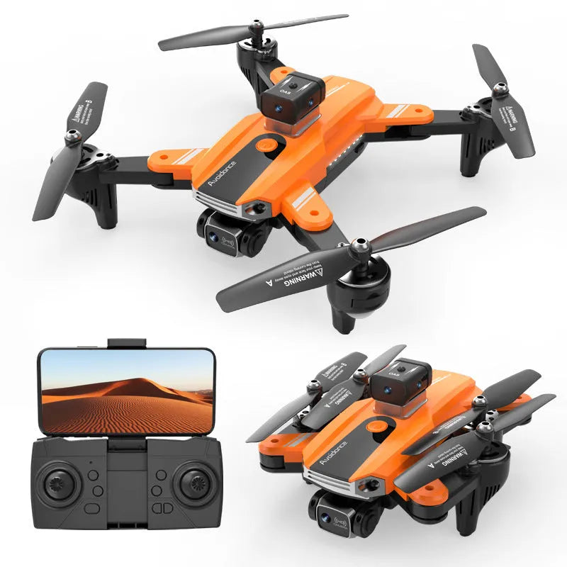 Orange four-axis plastic drone with propellers, featuring a dual camera and obstacle avoidance sensors.