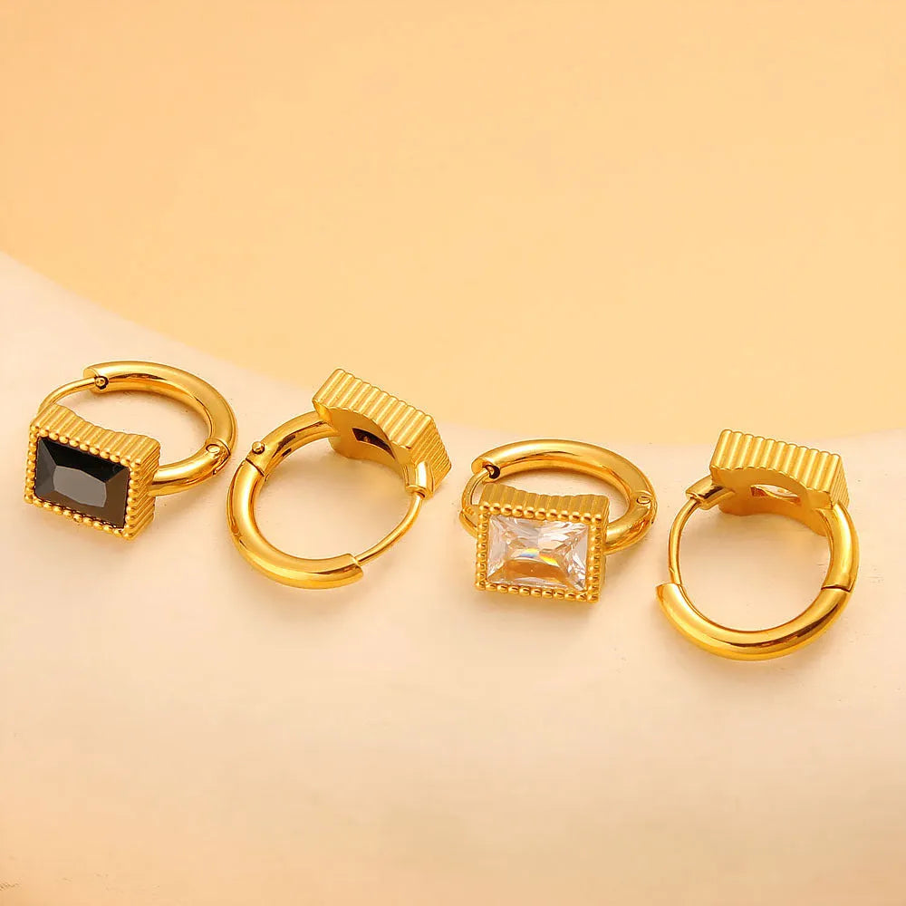 Square zircon stainless steel geometric earrings with round ring elements in white, black or green colours