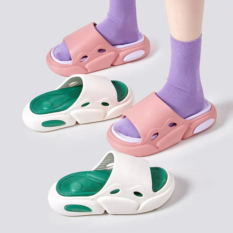 Two-colour thick-soled EVA slippers with leather lining in pink purple, white green, and black white colour options.