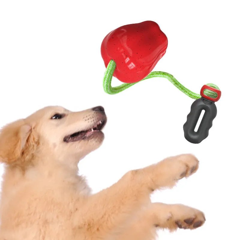 Green apple-shaped plastic dog toy with dropping ball design for molar exercise and interactive play