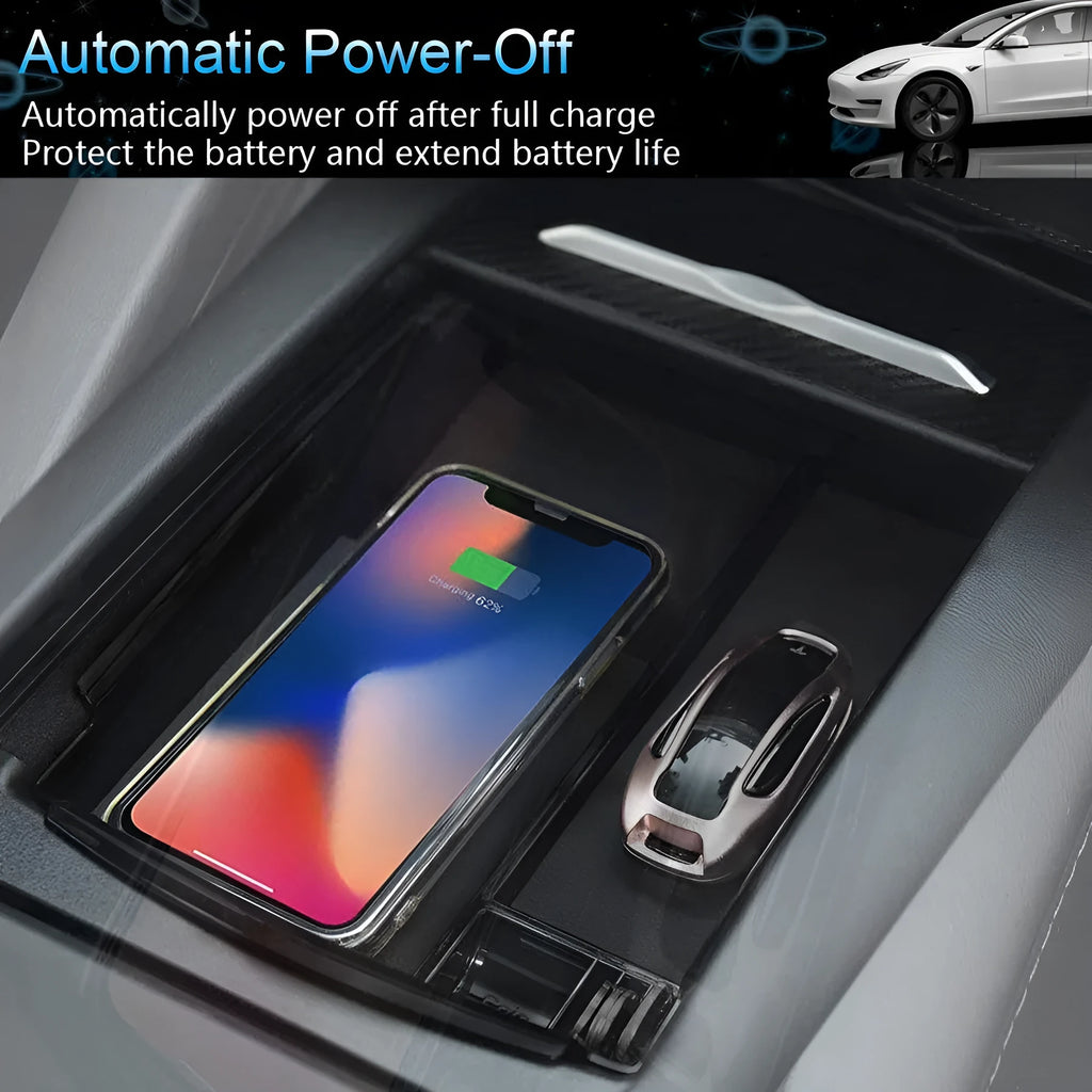 Black ABS plastic QI wireless charging dock and storage box with USB-C port.
