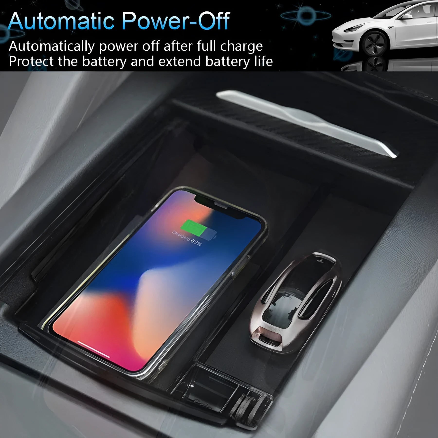 Black ABS plastic QI wireless charging dock and storage box with USB-C port.