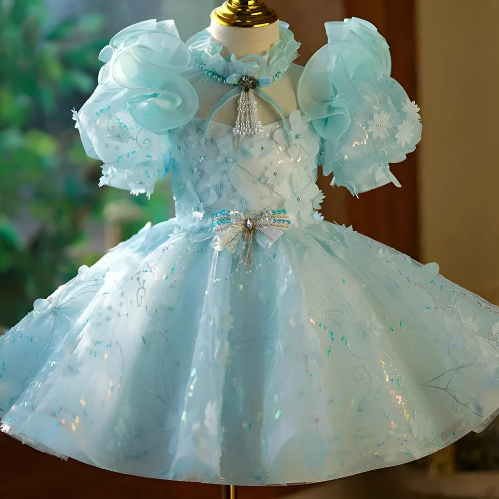 Girls' princess dress blue green colour light luxury evening style for girls 100-160cm