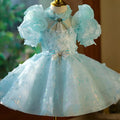 Girls' princess dress blue green colour light luxury evening style for girls 100-160cm