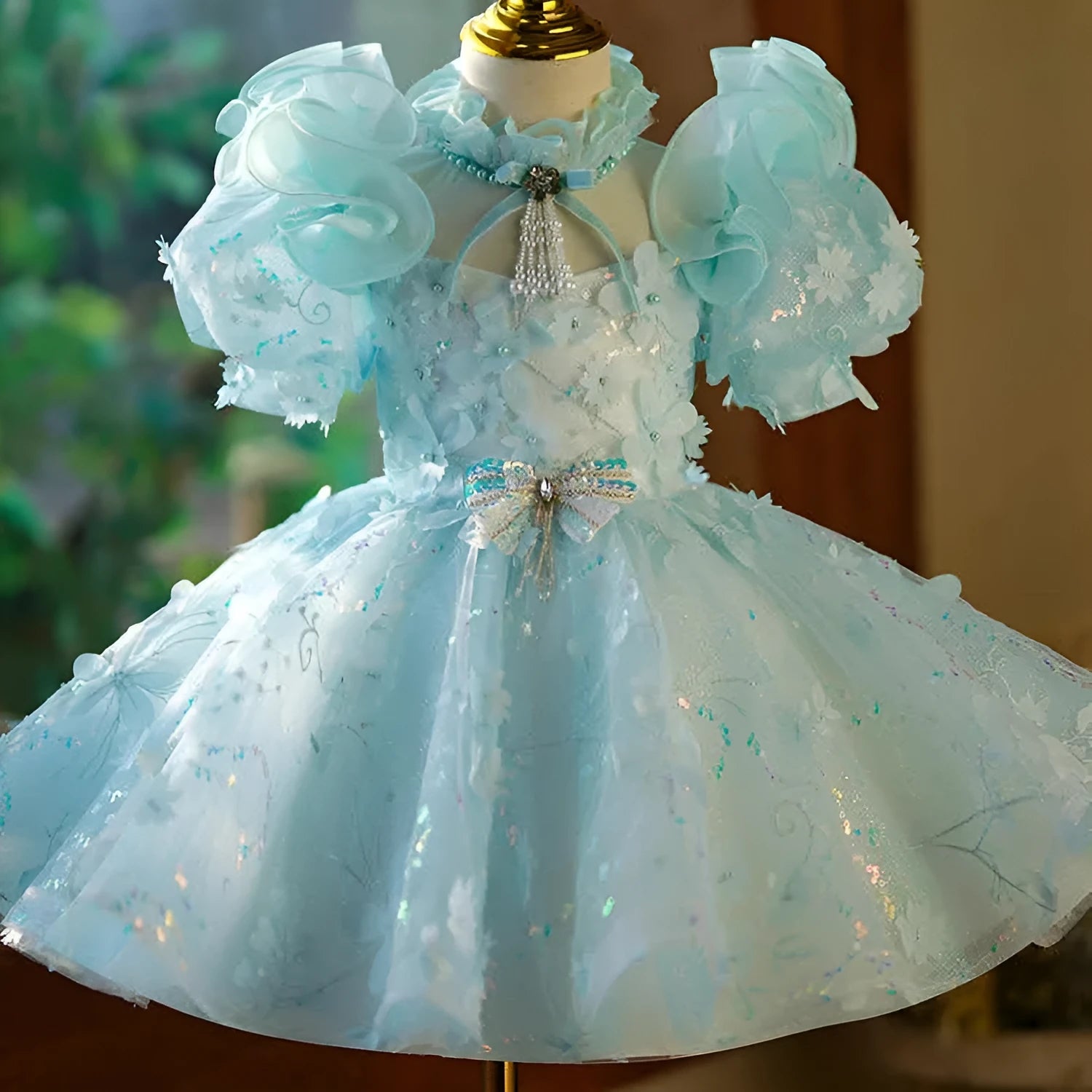 Girls' princess dress blue green colour light luxury evening style for girls 100-160cm