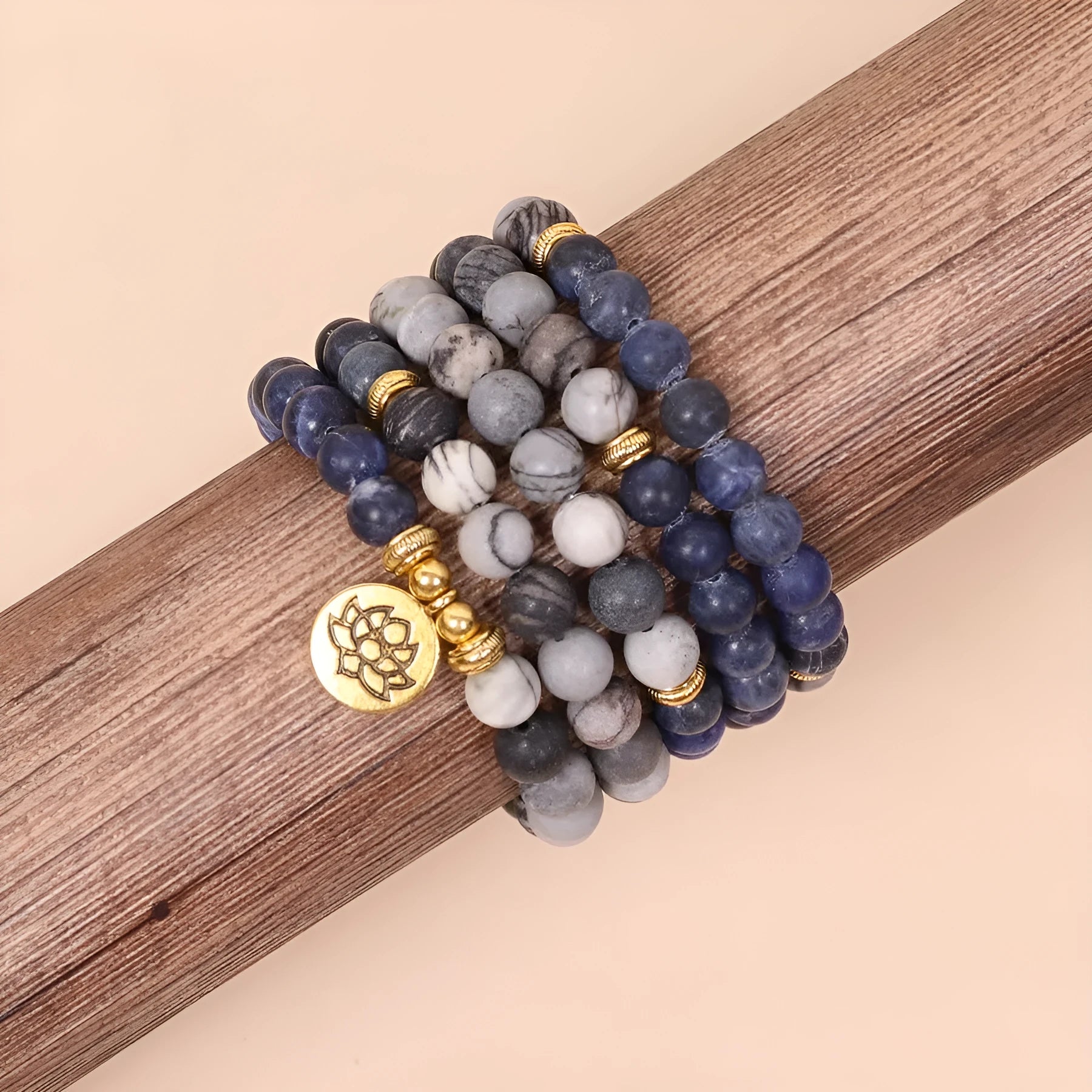 Blue patterned network stone bead multi-layer bracelet with alloy components