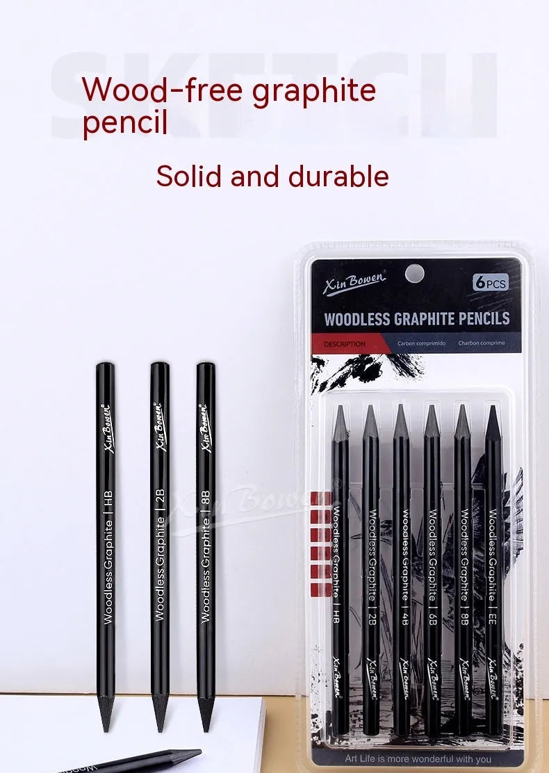 Graphite sketching pencil set with wood-free construction and six hardness grades