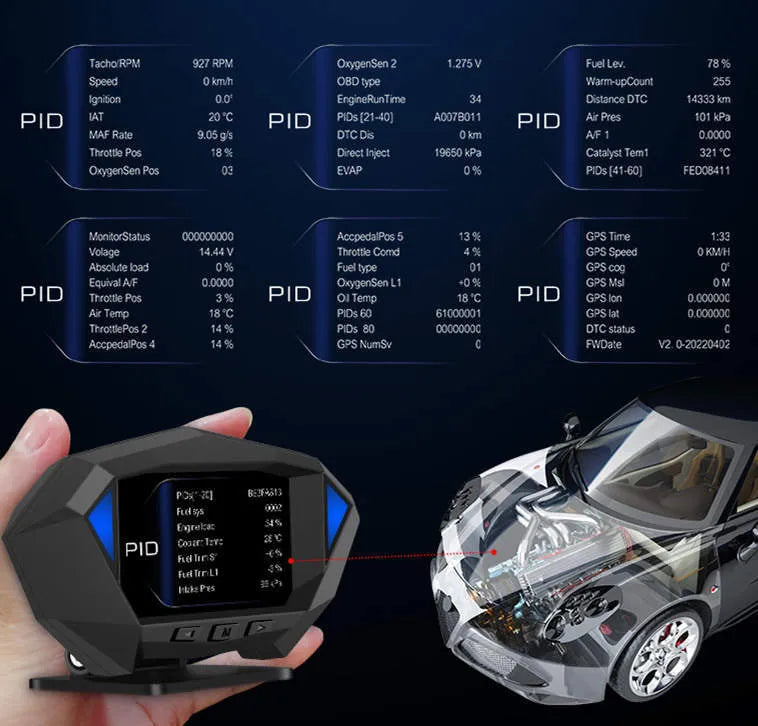Black car head-up display unit with LCD screen on dashboard showing driving information