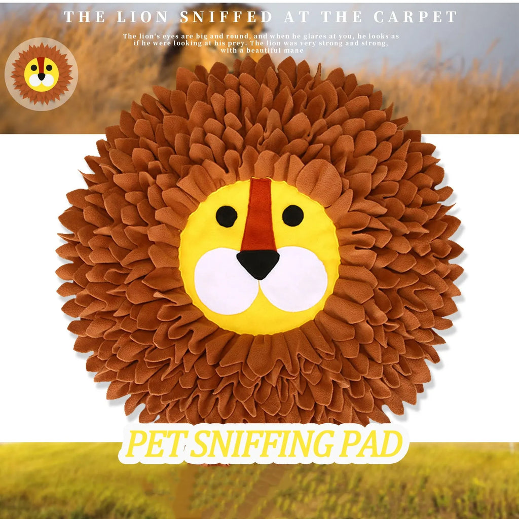 Brown lion-shaped sniffing pad for dogs and cats with textured surface for food hiding