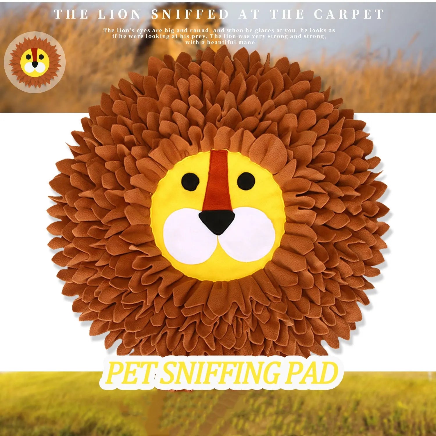 Brown lion-shaped sniffing pad for dogs and cats with textured surface for food hiding