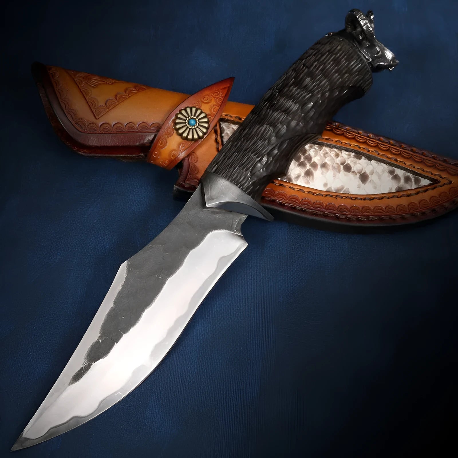 Black Goat high hardness steel straight knife with 200mm blade and black finish on neutral background