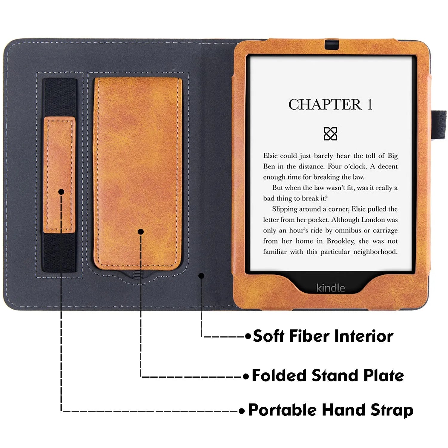 Brown calf leather case with built-in wrist splint stand for a Kindle Paperwhite 5 e-reader.