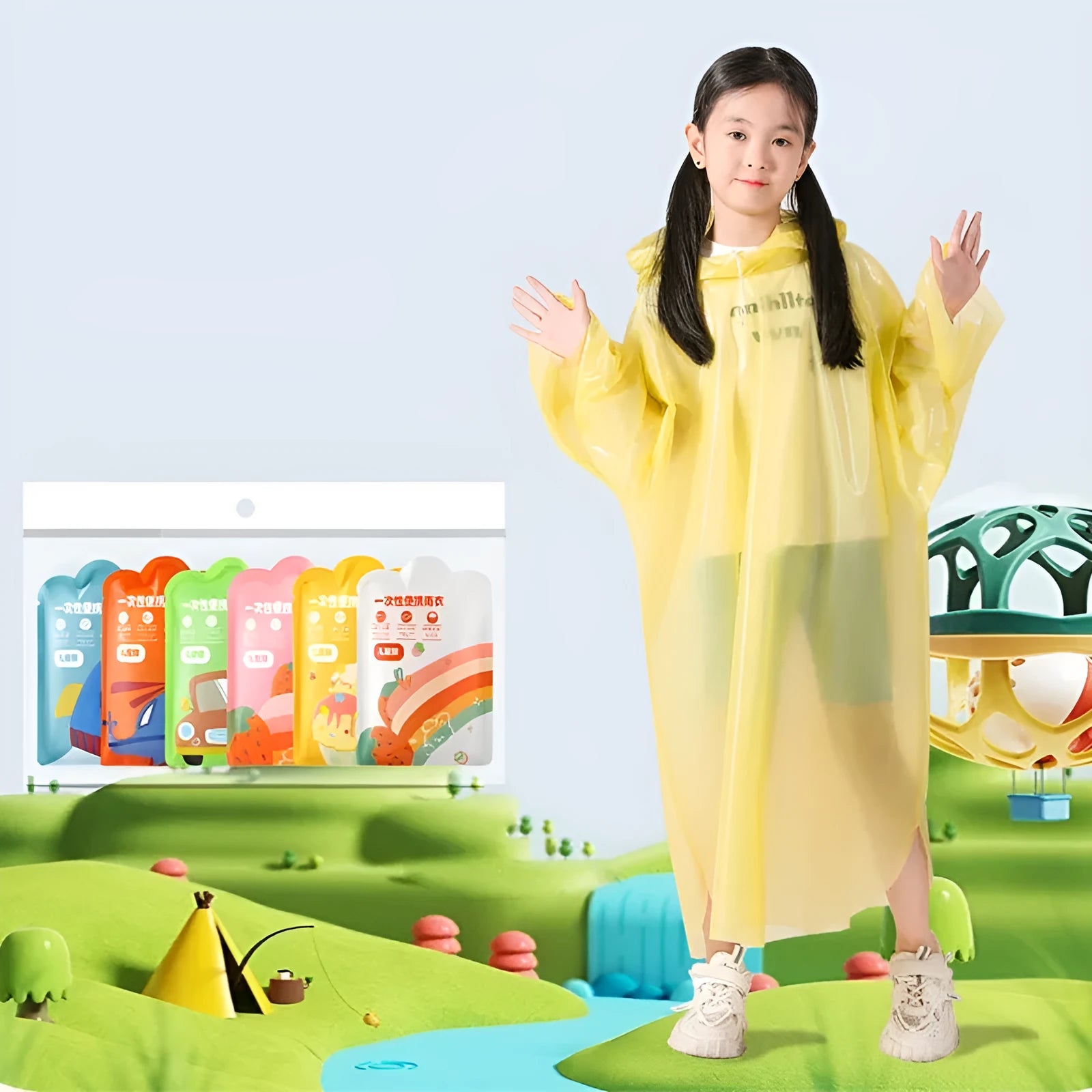 Children's disposable long raincoat poncho in blue, yellow, orange, pink, green and white colours.