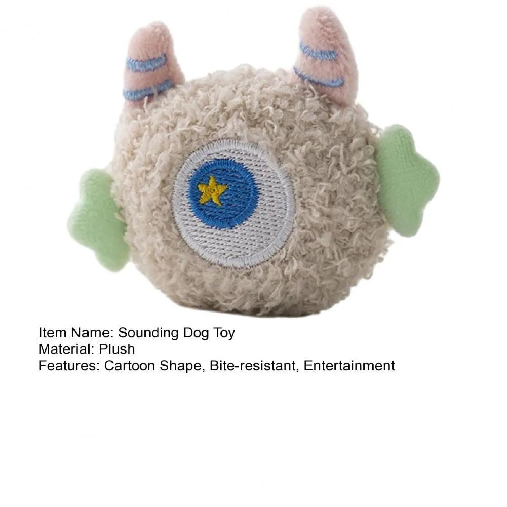 Cartoon-shaped plush dog chew toy with squeaky sound feature in multiple colour options