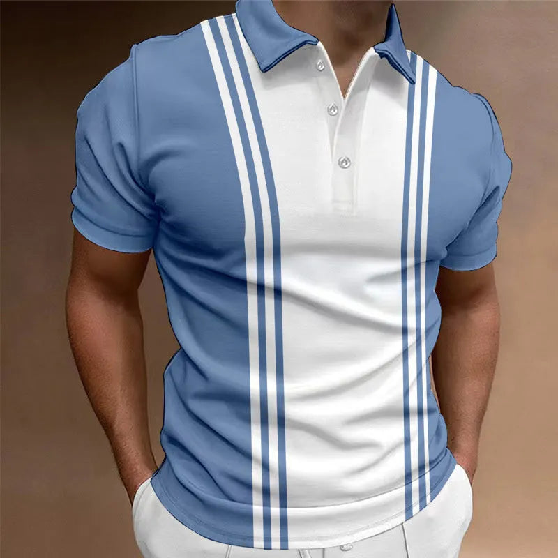 Man wearing a loose fit blue t-shirt with a 3-button printed lapel and short sleeves.
