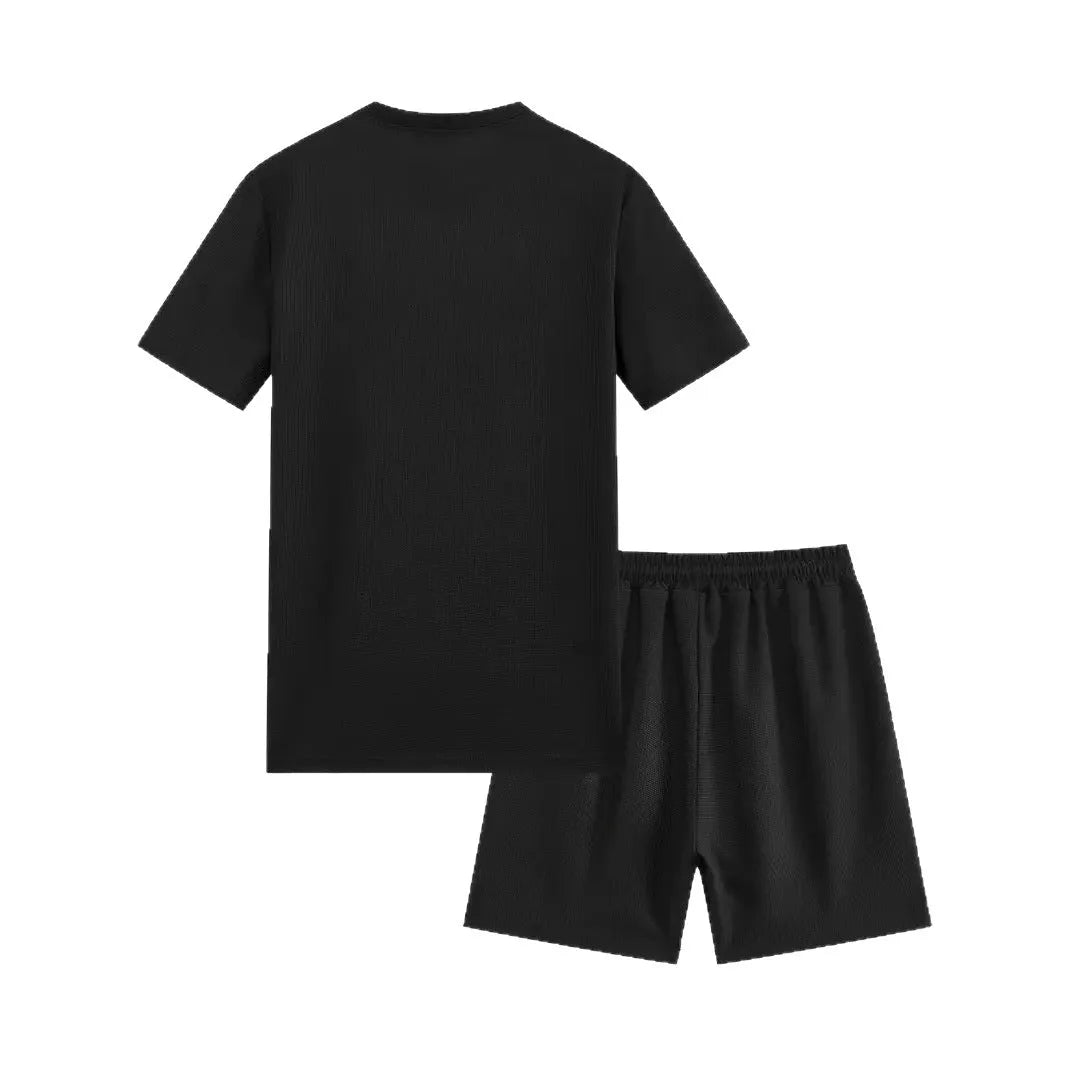 Men's apricot waffle texture short sleeve blouse and matching shorts laid flat