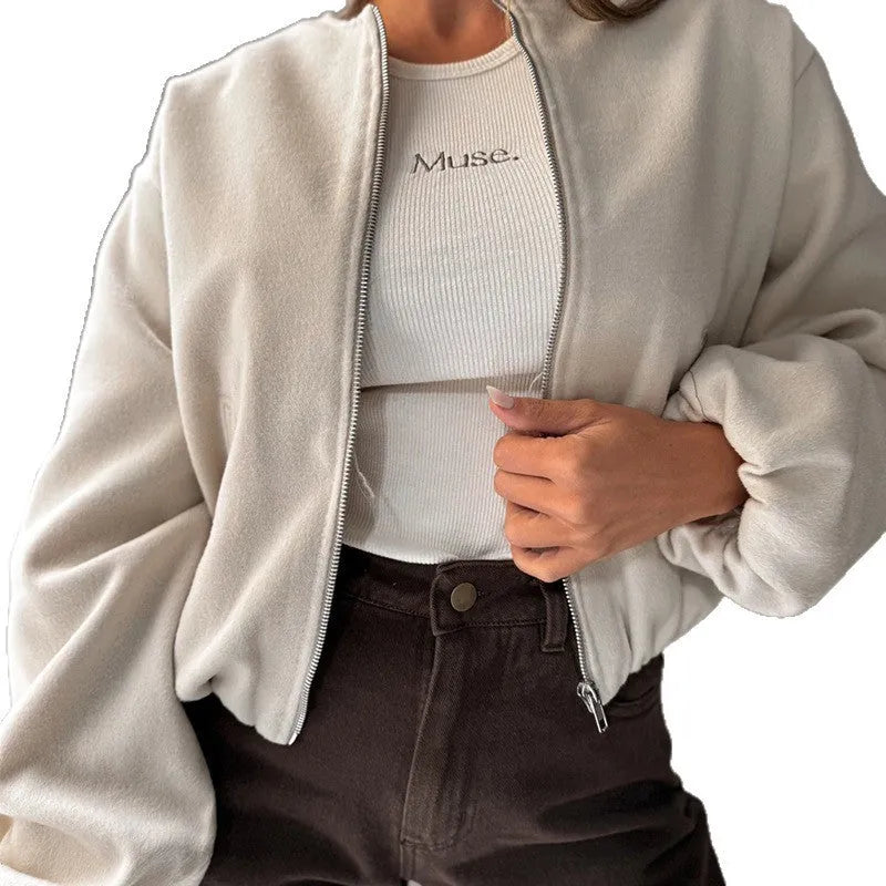 Women's off-shoulder short coat with lantern sleeves in brown polyester fabric