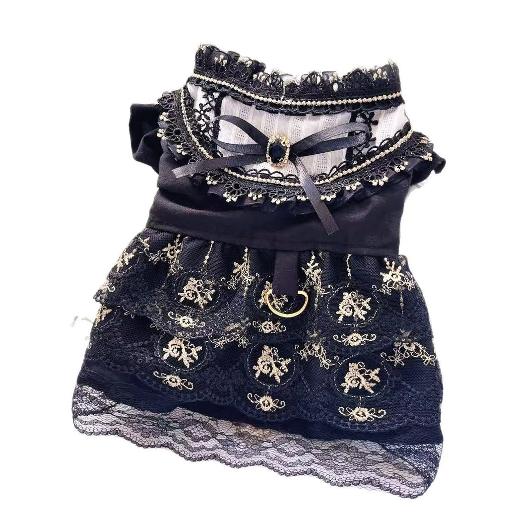 Golden Gothic princess skirt pet dress for dogs and cats with size chart