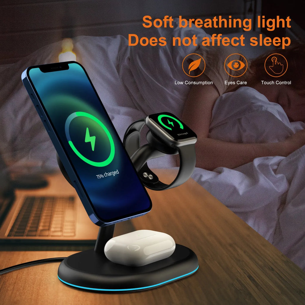 Black multifunctional three-in-one magnetic wireless charger on a desk