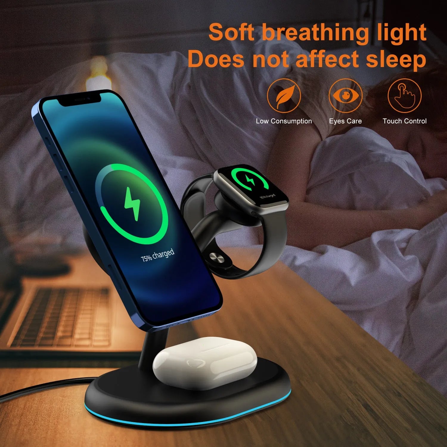 Black multifunctional three-in-one magnetic wireless charger on a desk