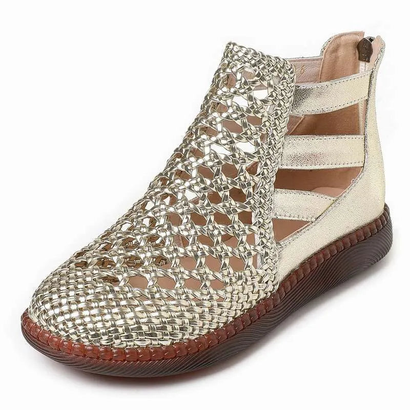 Gold women's flat sandals with breathable hollow-out pattern and soft TPR sole.
