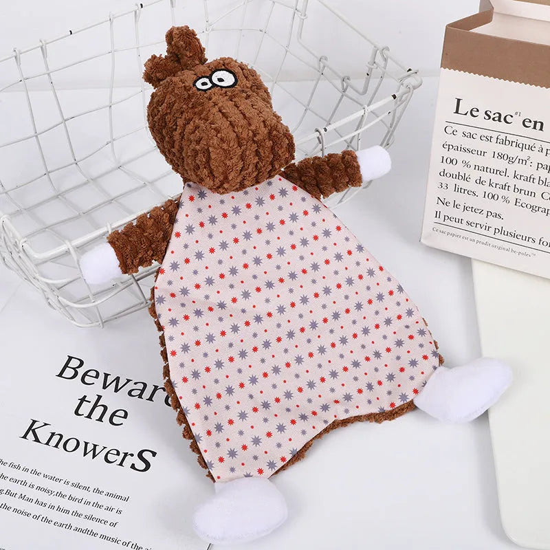 Brown, gray and orange plush pet toys in fox and elephant shapes with velvet texture