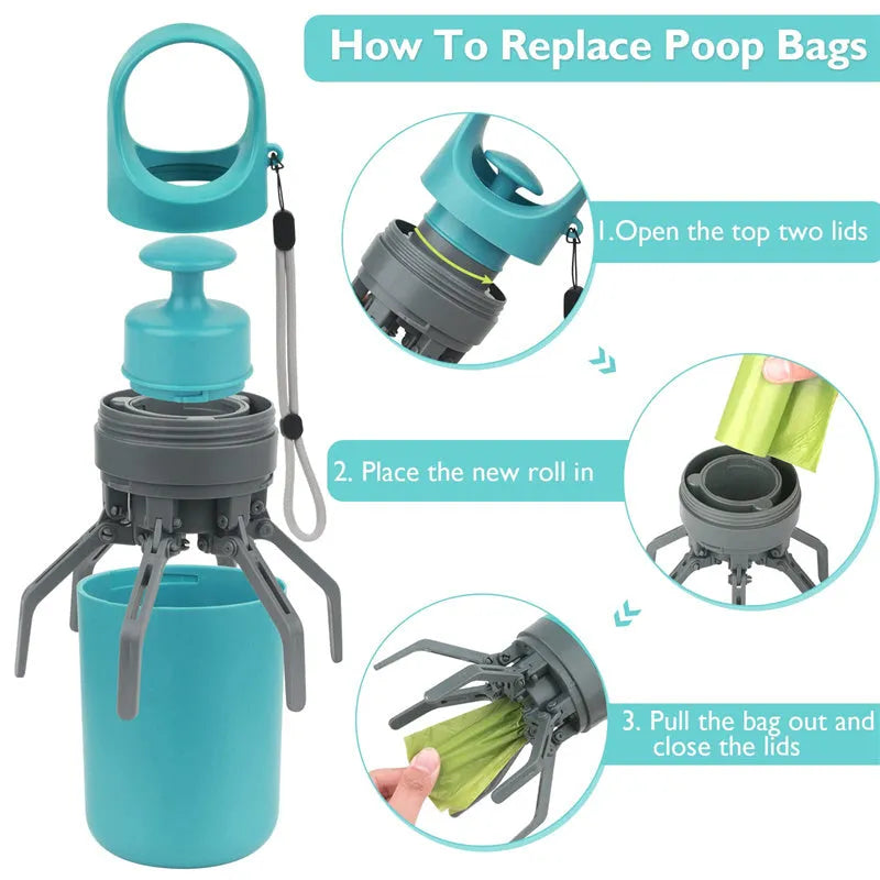 Blue plastic dog pooper scooper with claw mechanism and built-in bag dispenser