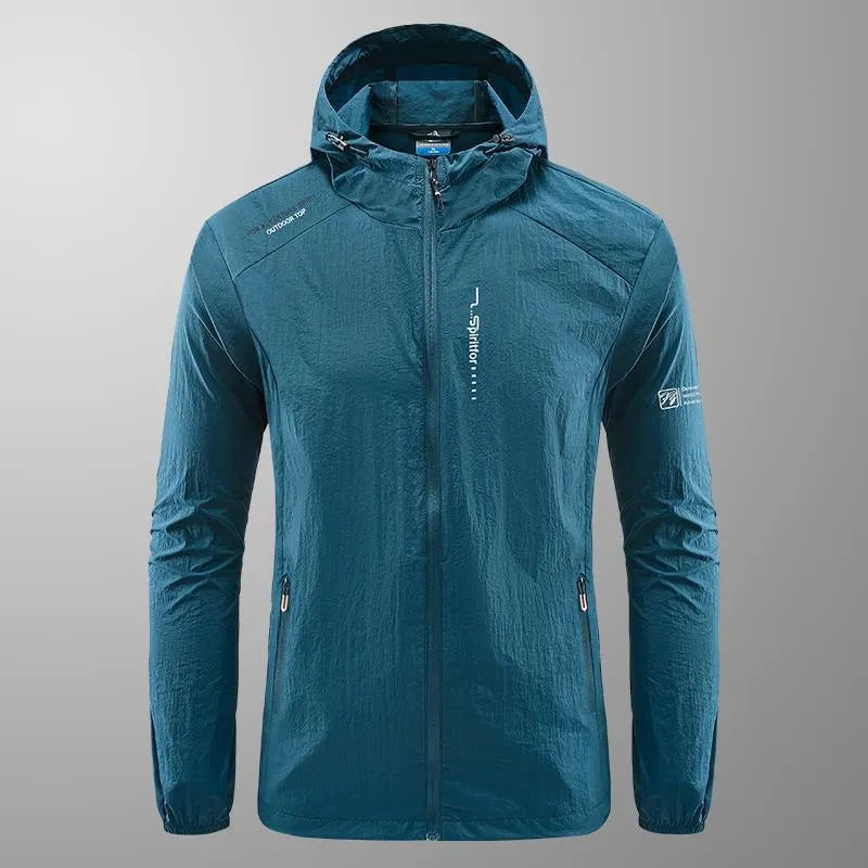 Men's loose-fit light grey nylon hooded jacket for summer outdoor wear.