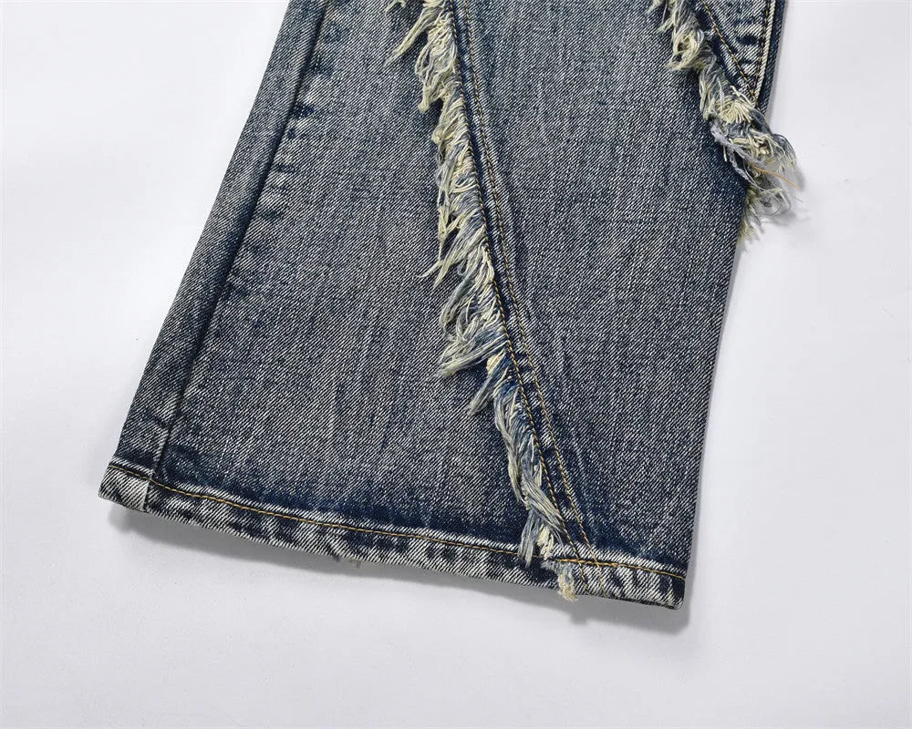 Men's blue denim punk loose straight trousers on a model, casual fit