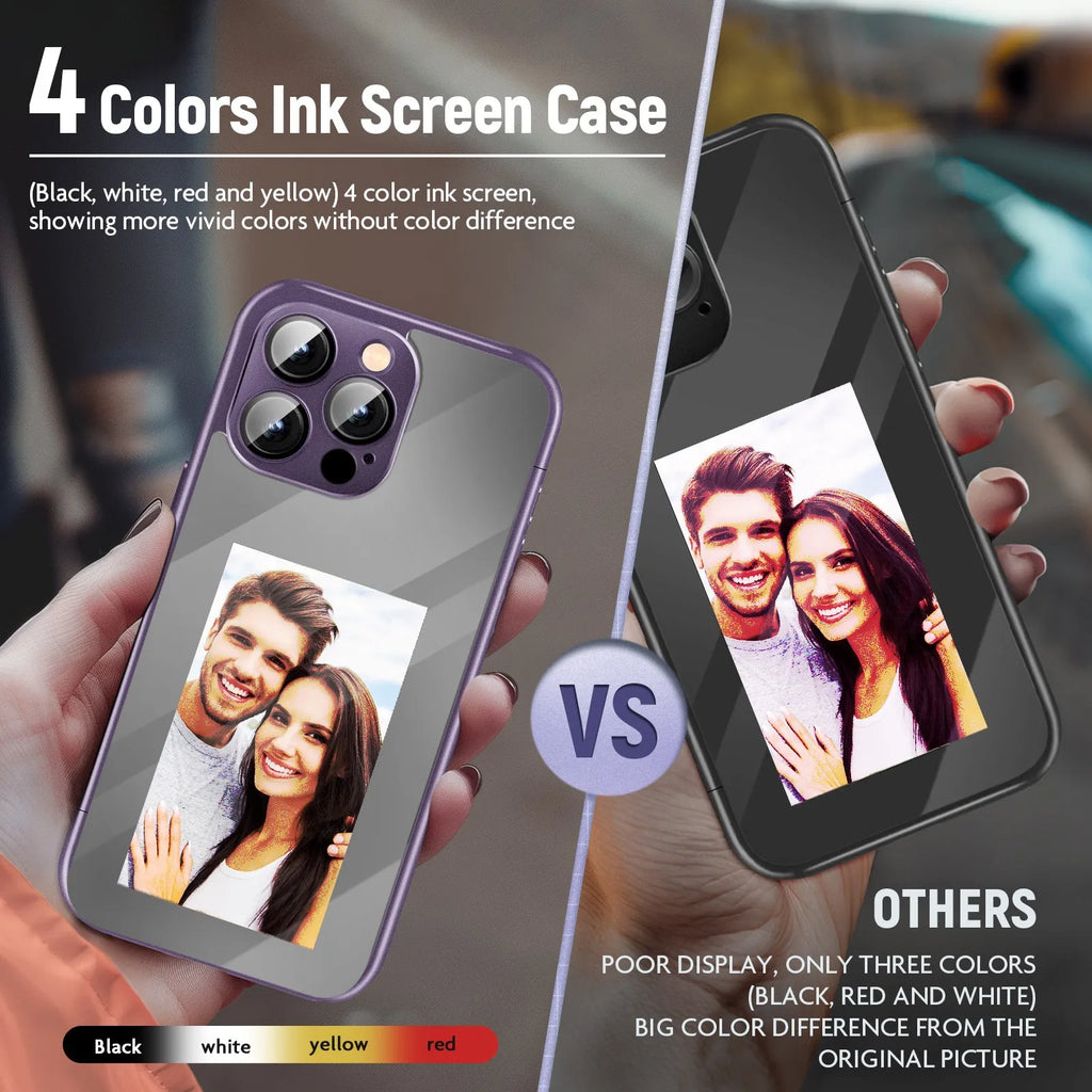 Black and purple IPhone 15 Pro Max NFC flip phone case with a customisable ink screen display.