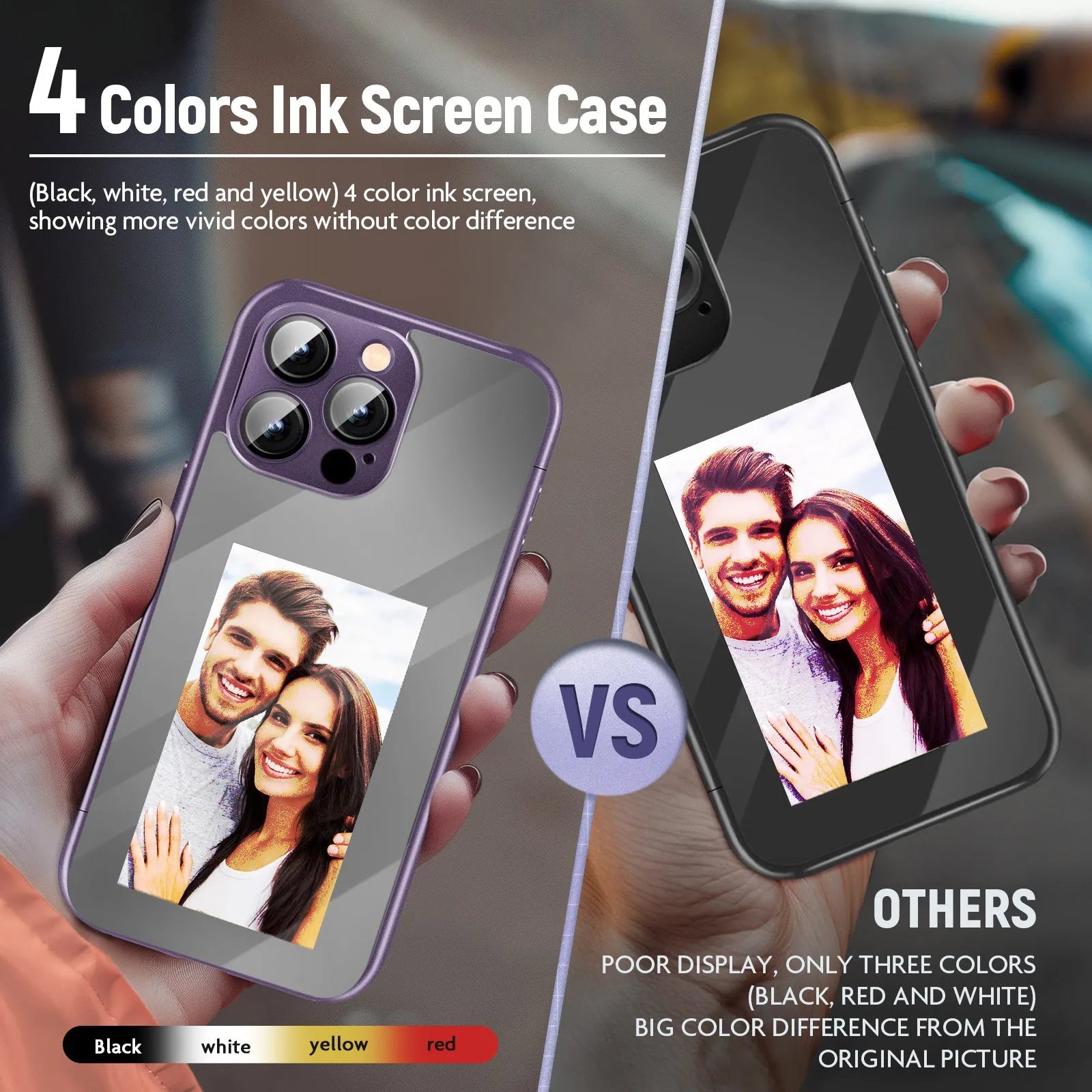 Black and purple IPhone 15 Pro Max NFC flip phone case with a customisable ink screen display.