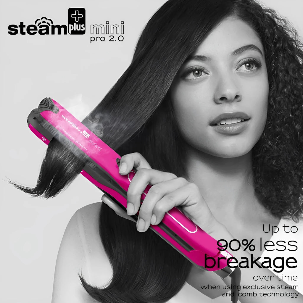 Mini steam hair straightener and curling iron in champagne, purple, or rose red colour