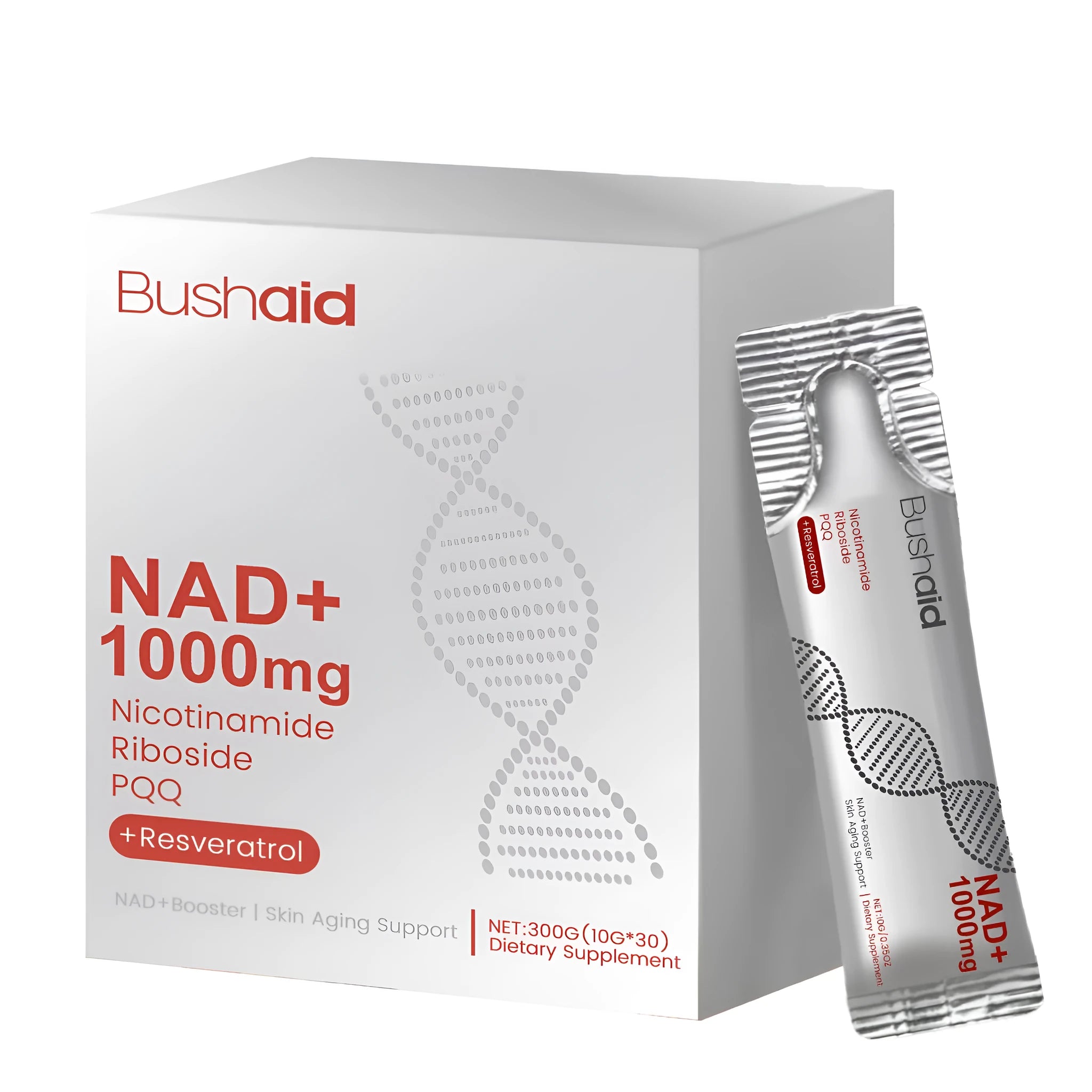 Two pouches of 300g anti-ageing nutritional supplement drink featuring nicotinamide riboside and resveratrol.