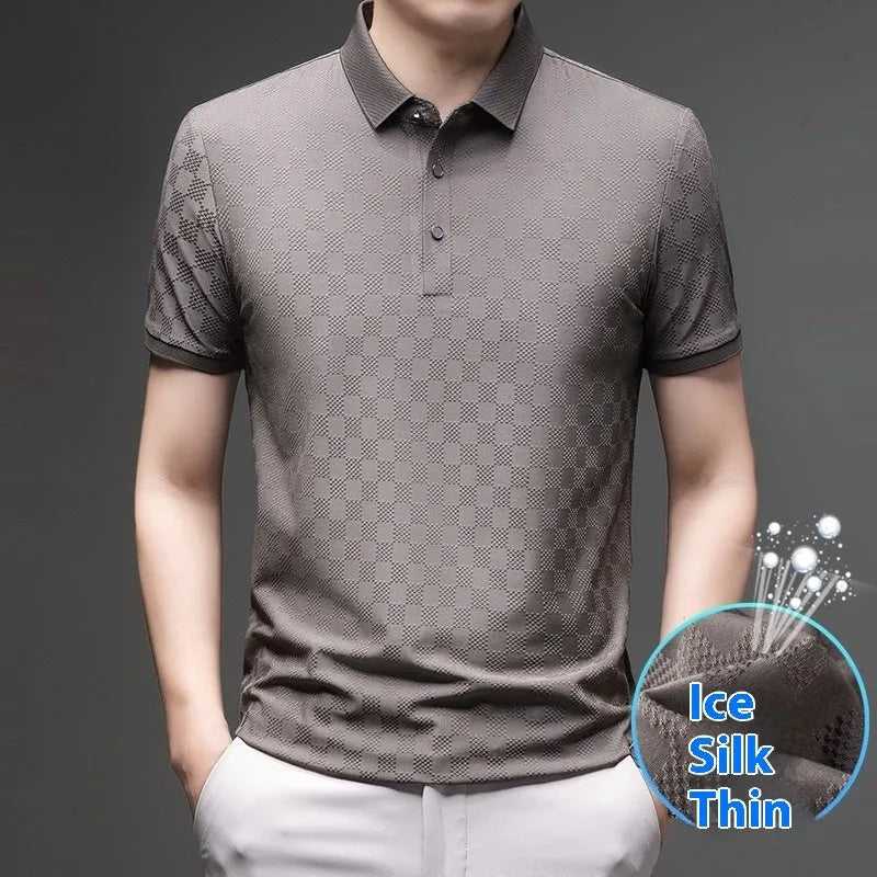 Rhombus brand thin ice silk short sleeve t-shirt with a slit design detail, shown in black.