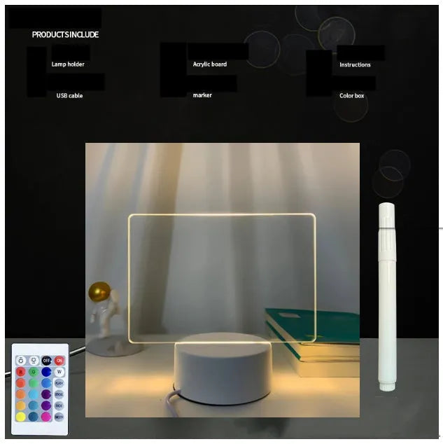 3D acrylic message board light with coloured illumination and handwritten text on surface