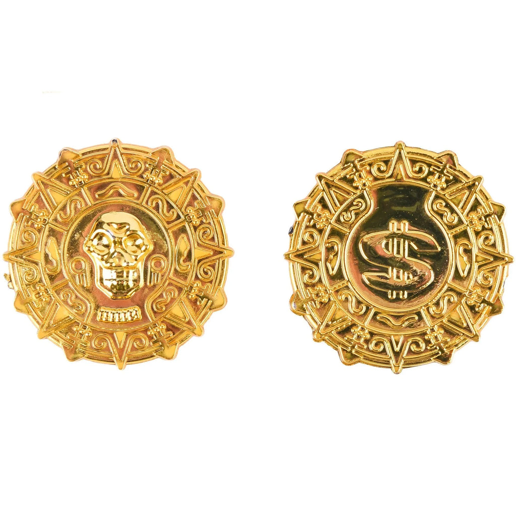 Plastic pirate gold coin with pointed tip styling measuring 3.6cm diameter