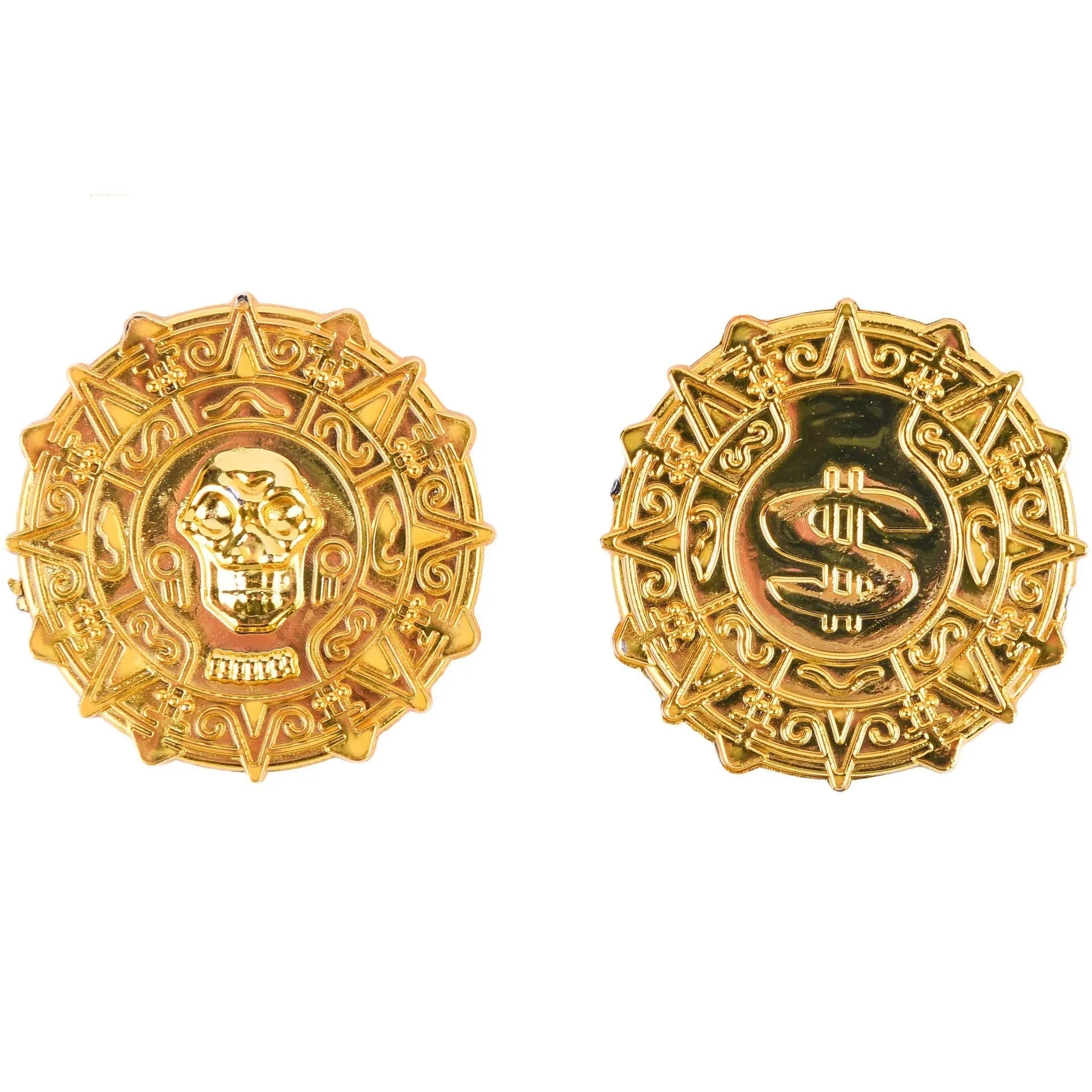 Plastic pirate gold coin with pointed tip styling measuring 3.6cm diameter