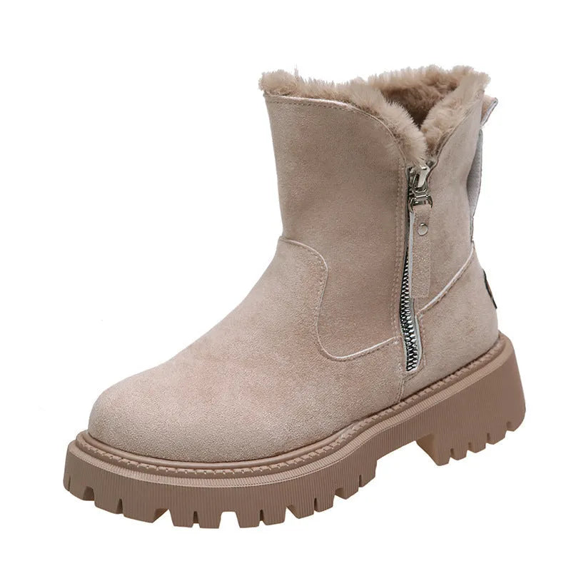 Black women's high-top snow boots with faux suede upper, side zipper, and thick plush lining.