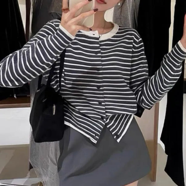 Women's French style slim fit striped cardigan coat in dark grey with white stripes