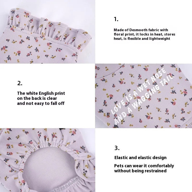 Light purple polyester dog undershirt with floral skirt on small breed dog