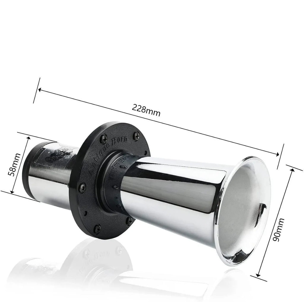 Black 12V universal replacement car horn with silver finish for automotive use