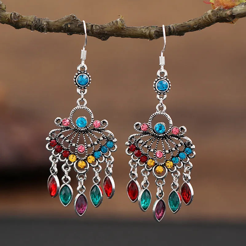Purple retro crystal long fringe drop earrings with alloy ethnic style design