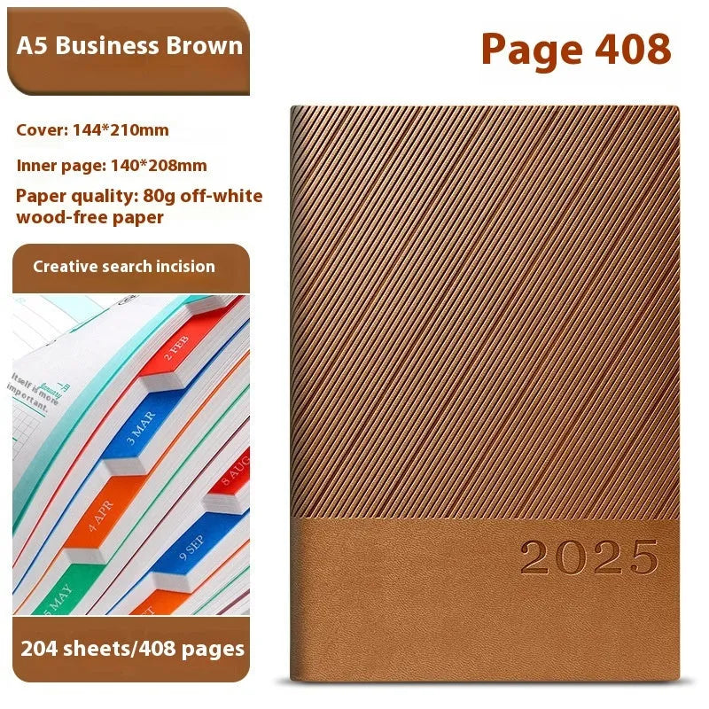 A5 striped PU leather notepad open to show 80g wood-free paper with 408 pages