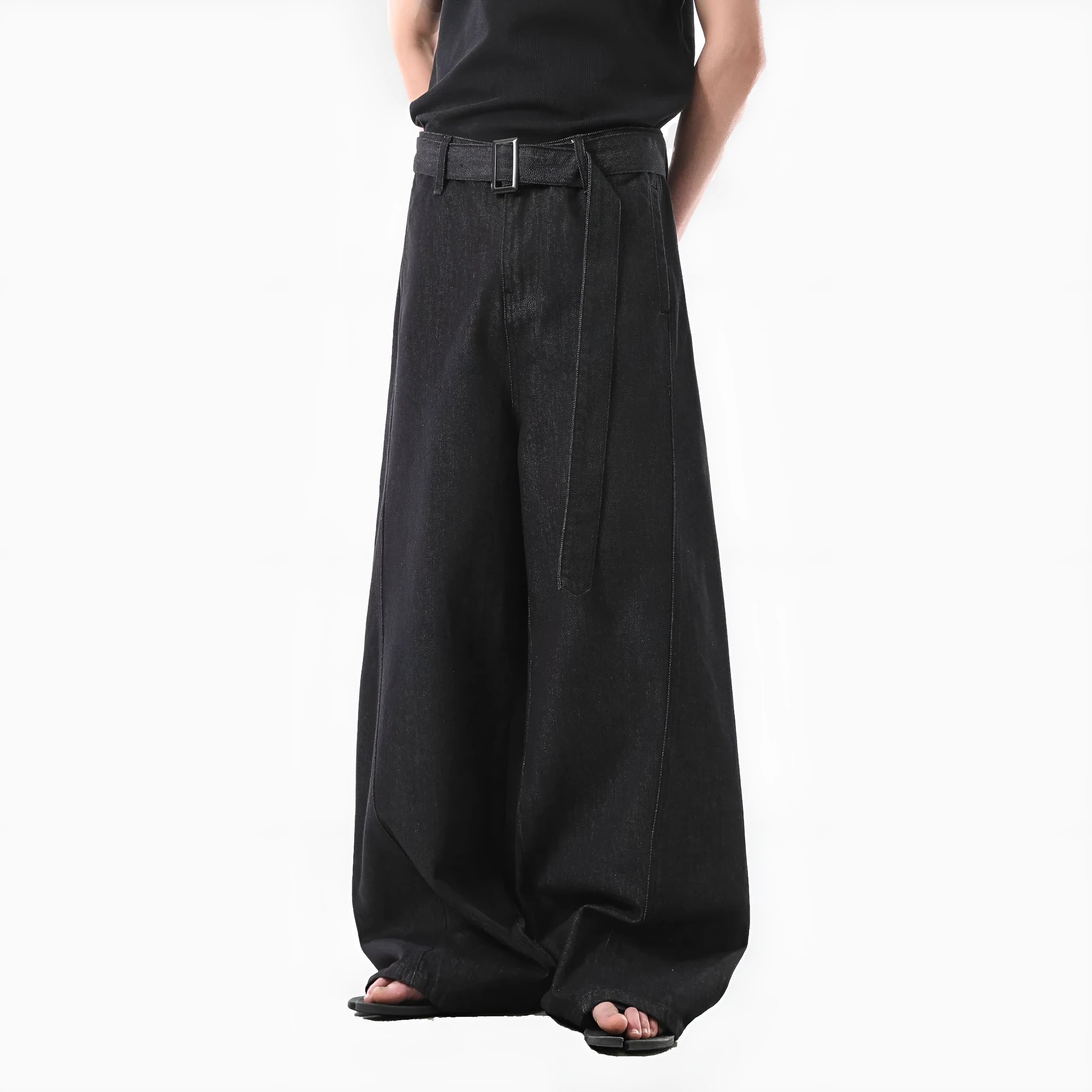Black women's straight leg jeans with high waist and gold stitching detail