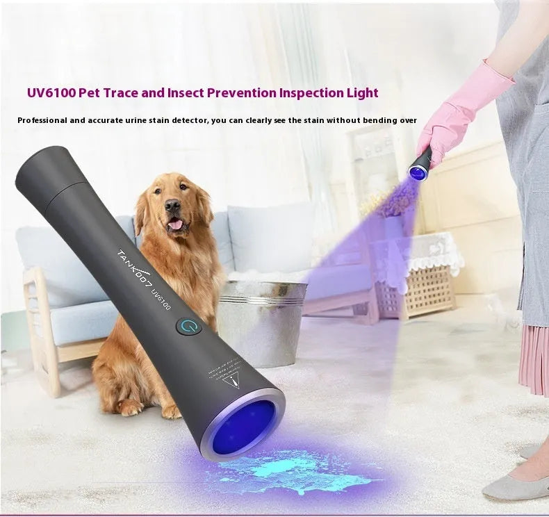 Black aluminium UV detection flashlight with USB Type-C port for finding pet stains.