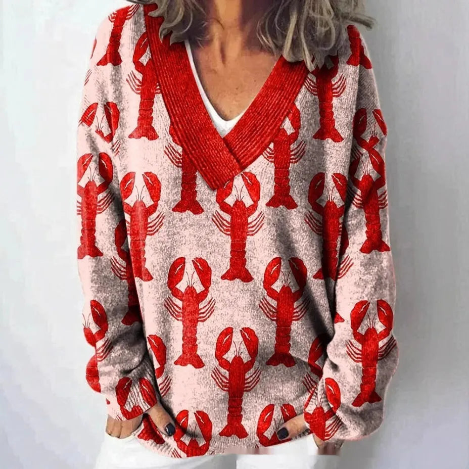 Women's V-neck sweatshirt with 3D floral pattern print in art retro style