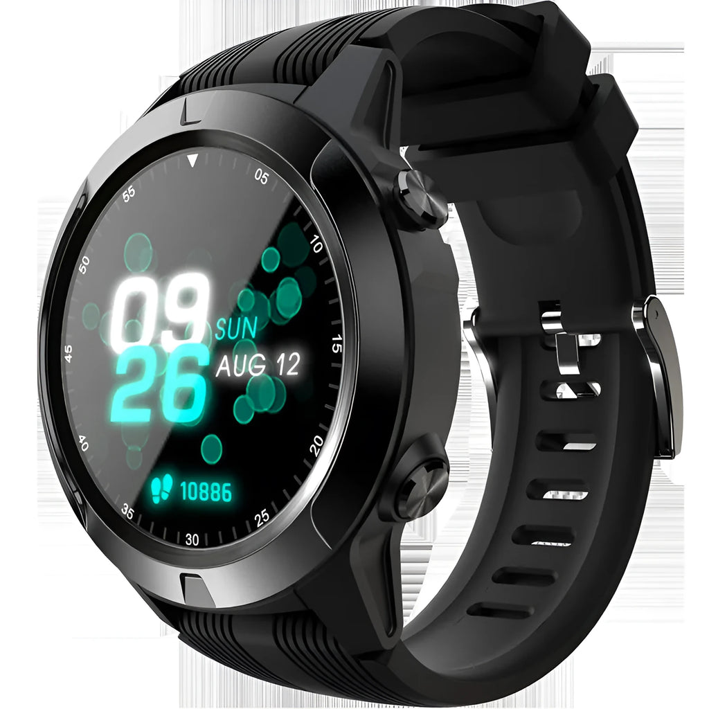 Black men's smart watch with Bluetooth call functionality and fitness tracking features on wrist
