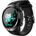 Black men's smart watch with Bluetooth call functionality and fitness tracking features on wrist