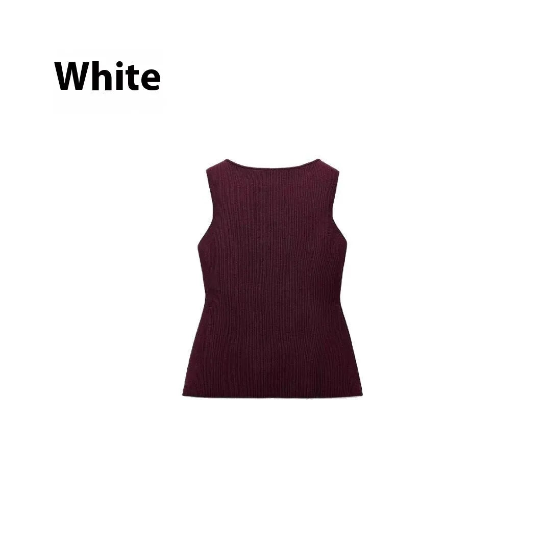 Women's dark red viscose sweater vest cardigan with gold buttons and 3D pattern, slim fit sleeveless design
